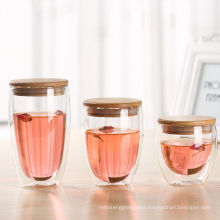 Haonai 240ml 360ml 450ml double wall borosilicate glass cup glass tea cup with wooden seal lid